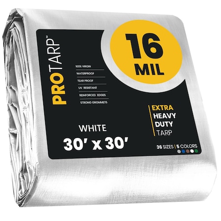 Protarp Heavy Duty Tarp, 30 ft x 30 ft, 16 Mil, White, Polyethylene, Waterproof, Rip and Tear Proof PT-104-30X30